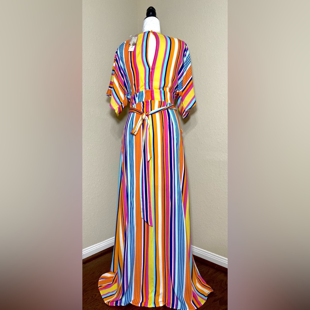 Maxi Dress Francesca's Harper Heritage Striped V-neck Colorful Festival Dress - Picture 15 of 17